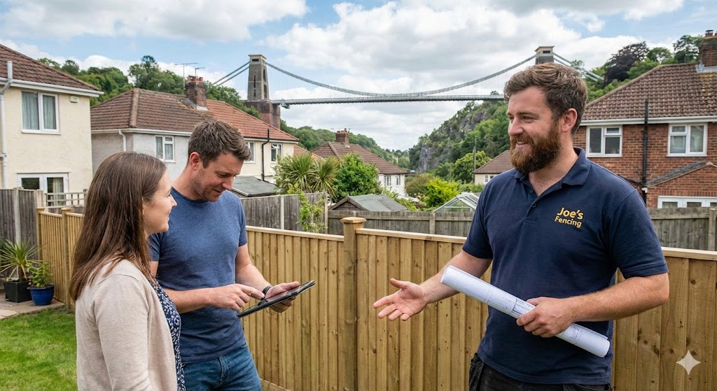 Wooden garden fence boundary line between two Bristol properties.