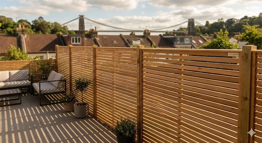 Modern Venetian slatted fencing in a small Bristol garden.