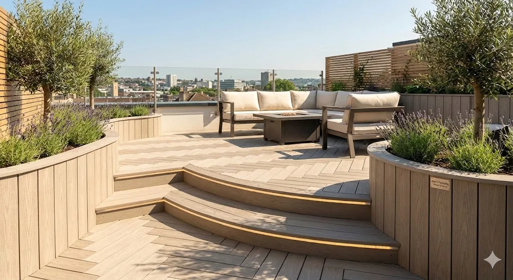 Modern split-level composite decking with integrated LED step lighting.