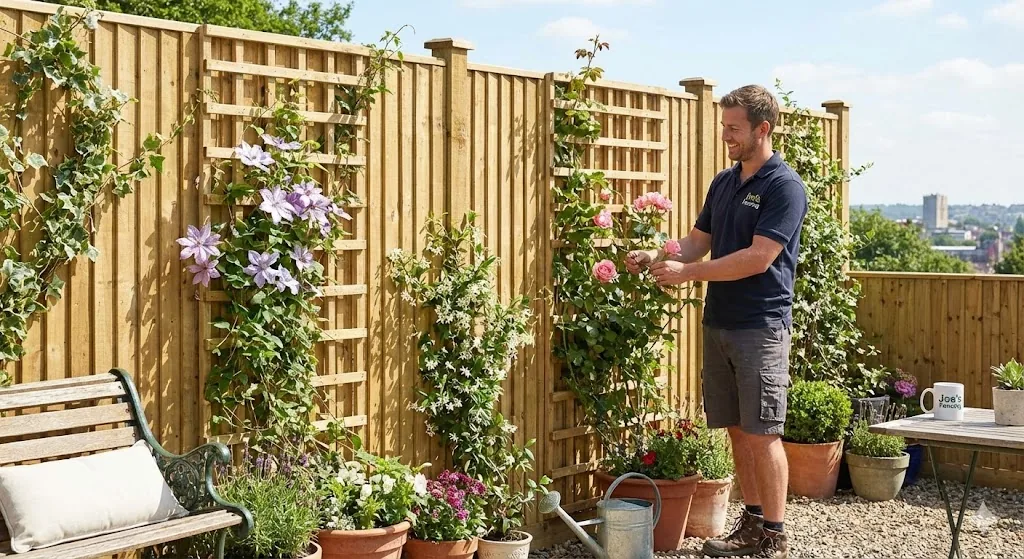 Wooden fence with trellis topper and climbing jasmine plants for garden privacy.