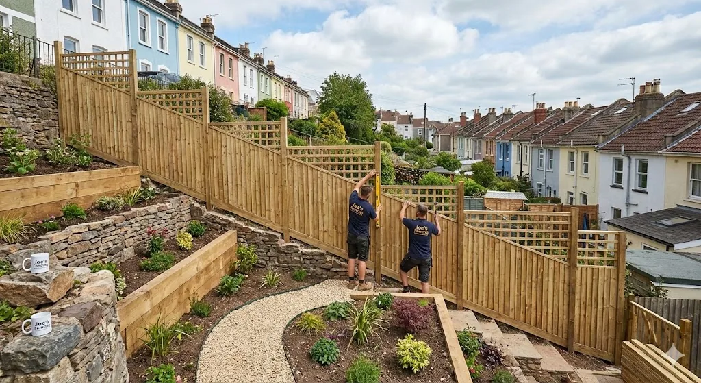 Stepped fencing and railway sleeper retaining walls in a sloped Bristol garden.