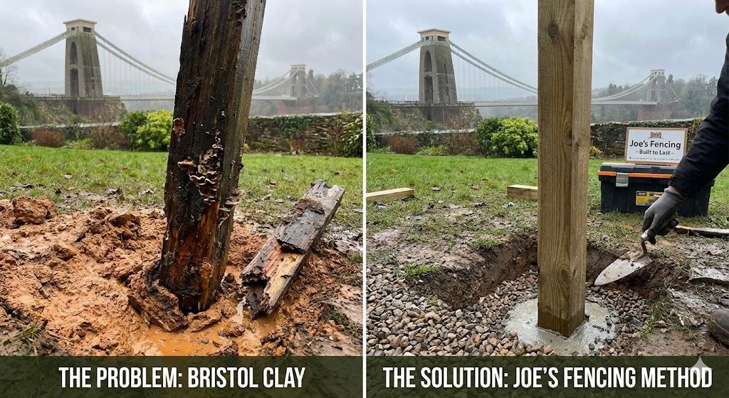 Comparison of rotting timber post in clay soil vs Postsaver protected fence post.