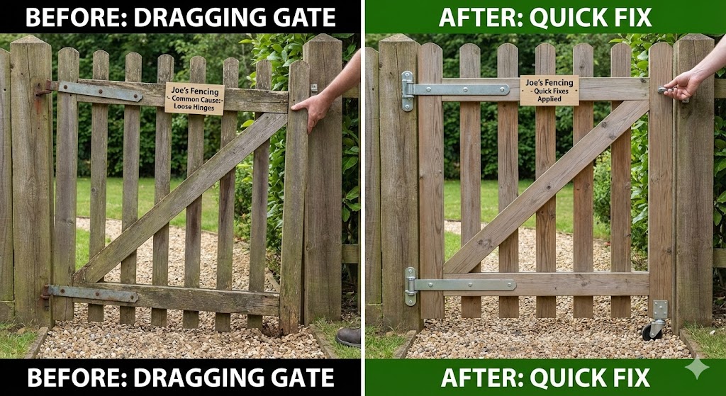 Wooden garden gate dragging on the ground due to sagging hinges.