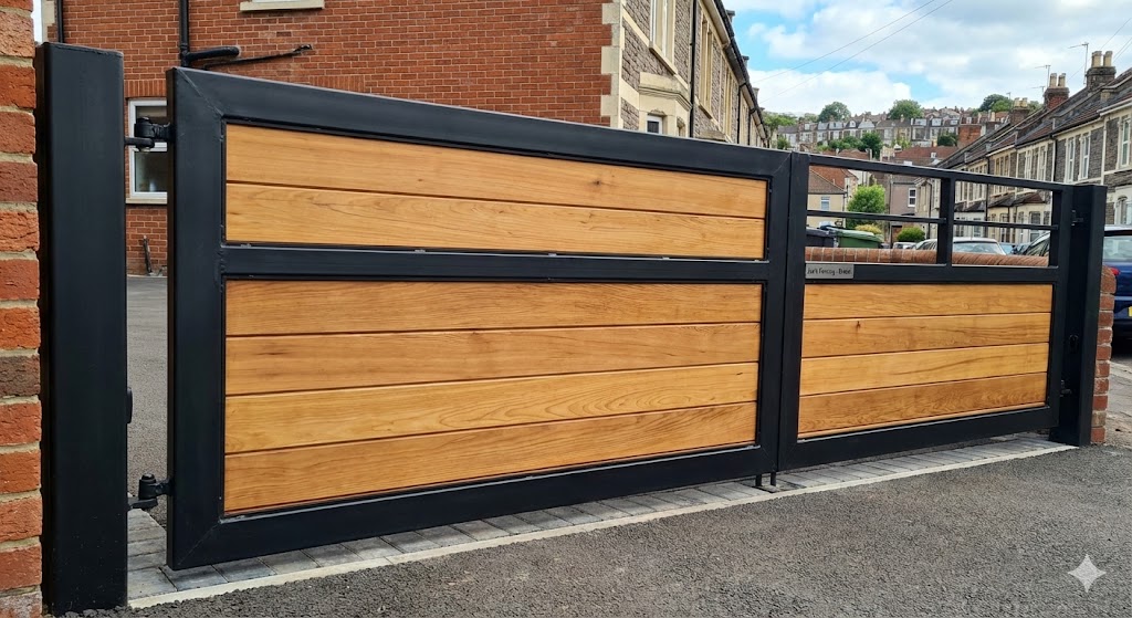 Modern industrial style gate with black steel frame and cedar wood infill.