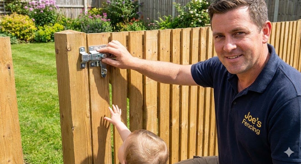 MagnaLatch child safety lock installed on a garden gate.