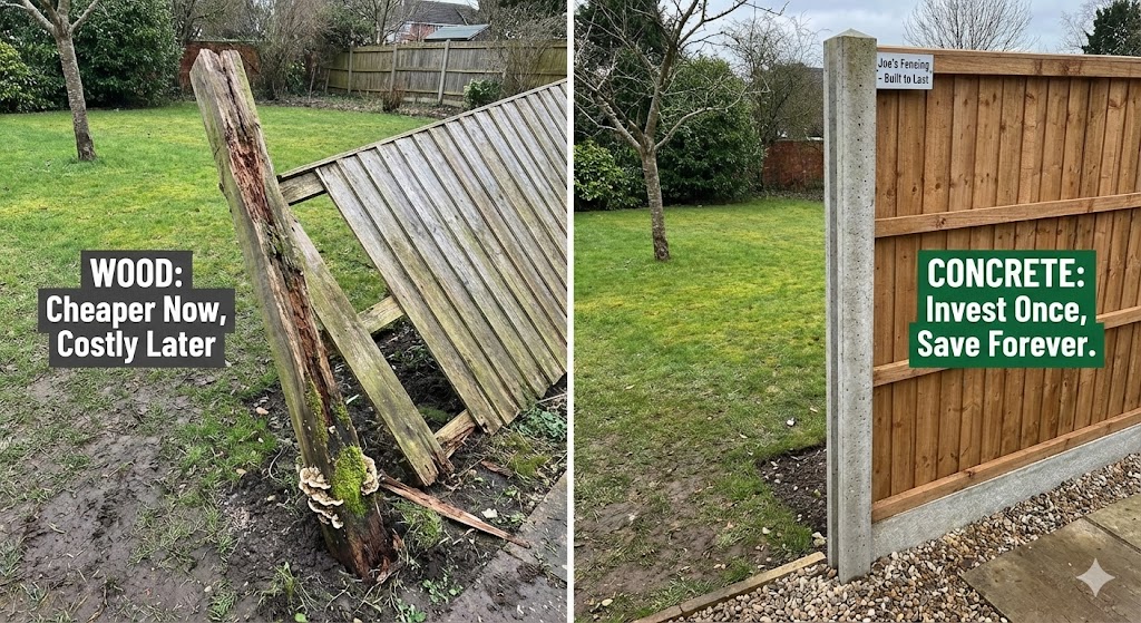 Comparison of rotting wooden fence post versus durable concrete slotted post.