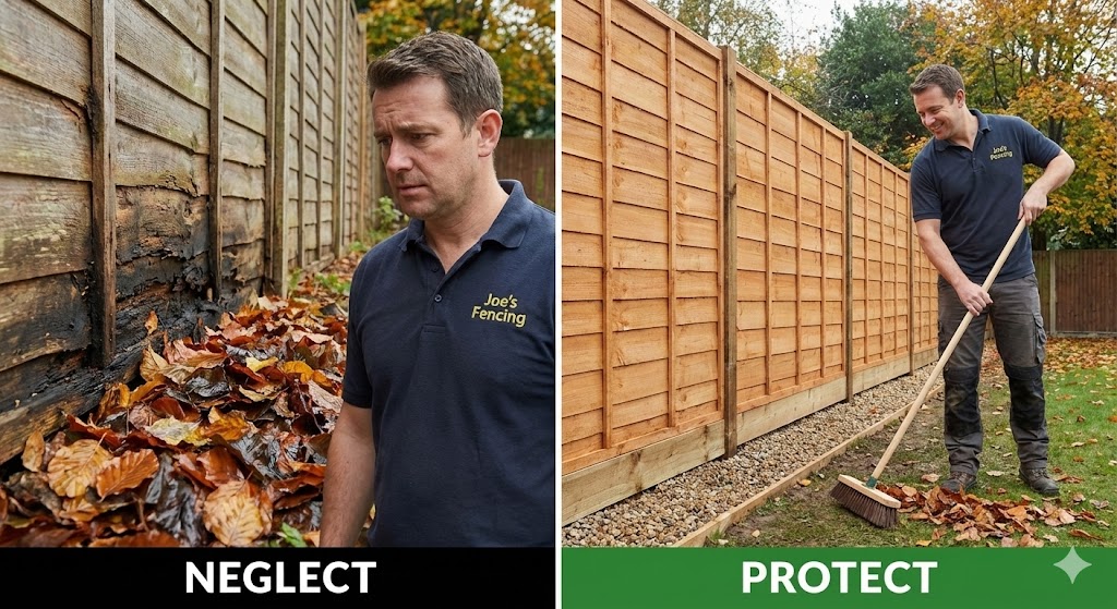 Concrete gravel board protecting wooden fence from wet leaves and rot.