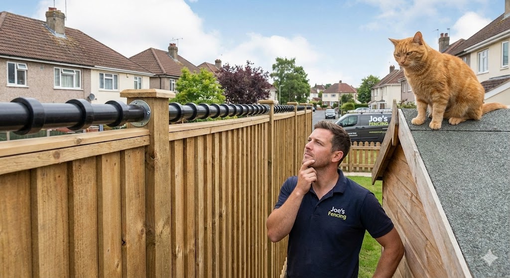 Cat roller system installed on top of a wooden garden fence in Bristol.