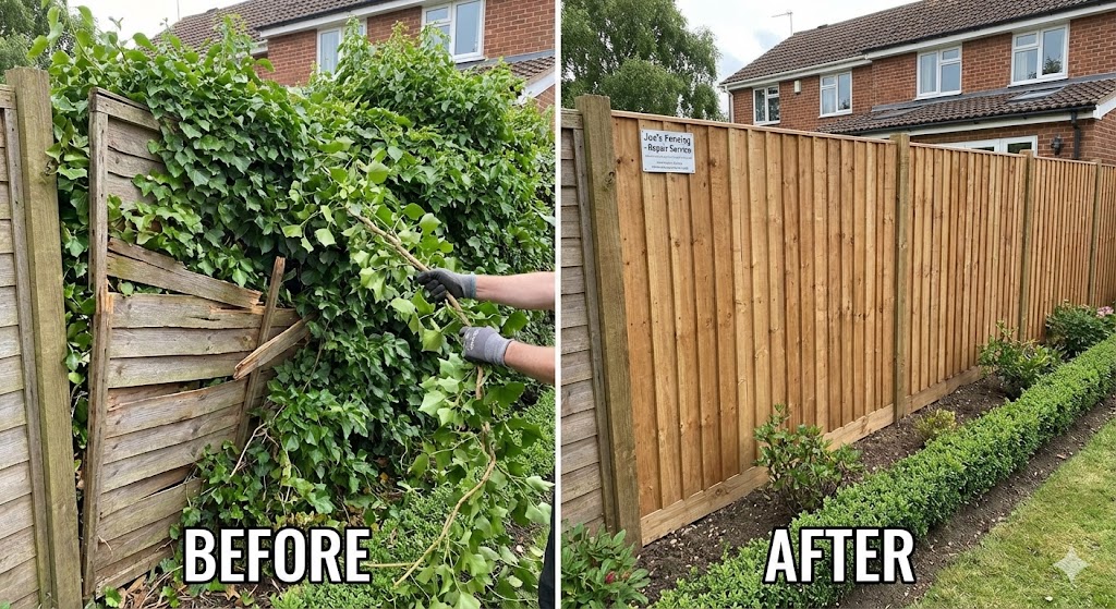 English Ivy destroying a wooden garden fence in Bristol.