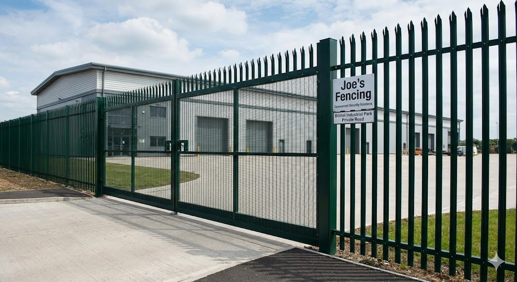 Green V-Mesh security fencing installed at a Bristol business park.