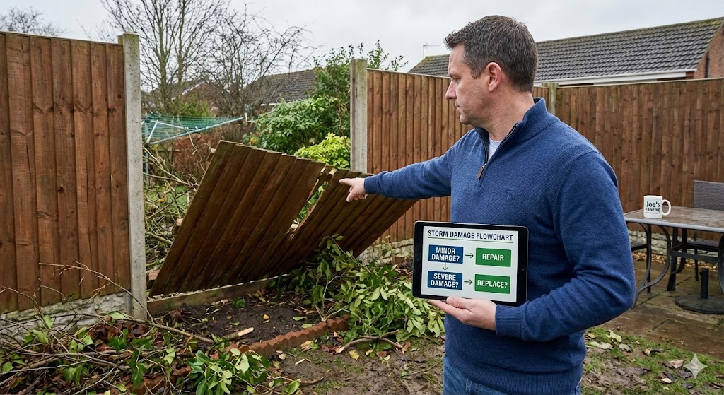 Flowchart guide for deciding between fence repair and replacement after storm damage.