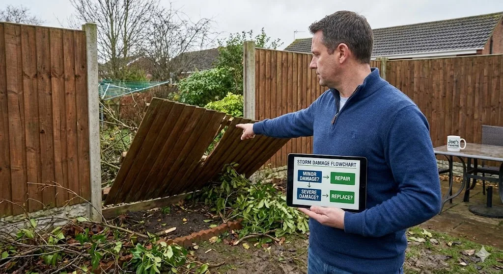 Flowchart guide for deciding between fence repair and replacement after storm damage.