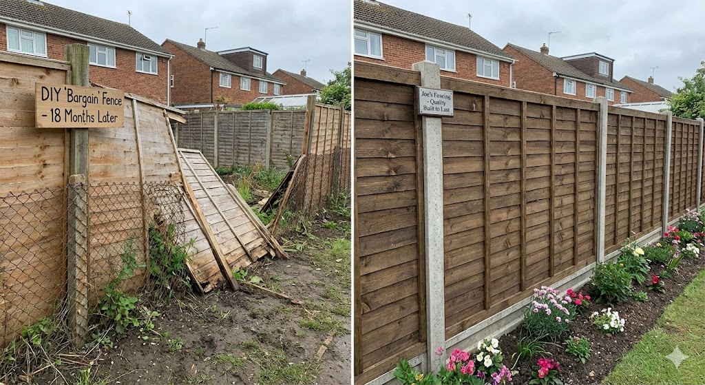 Comparison of rotten dip-treated fencing versus durable pressure-treated featheredge fencing.
