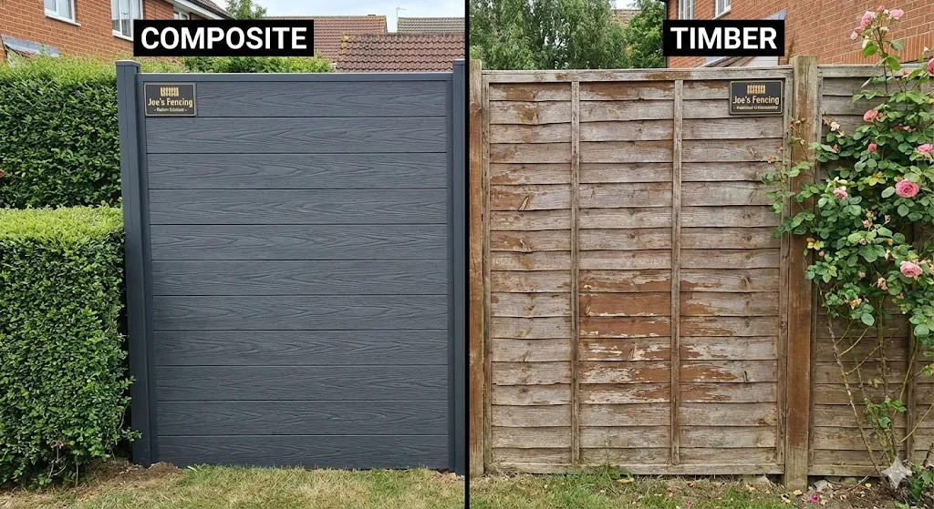 Grey composite fencing vs traditional timber fencing comparison.
