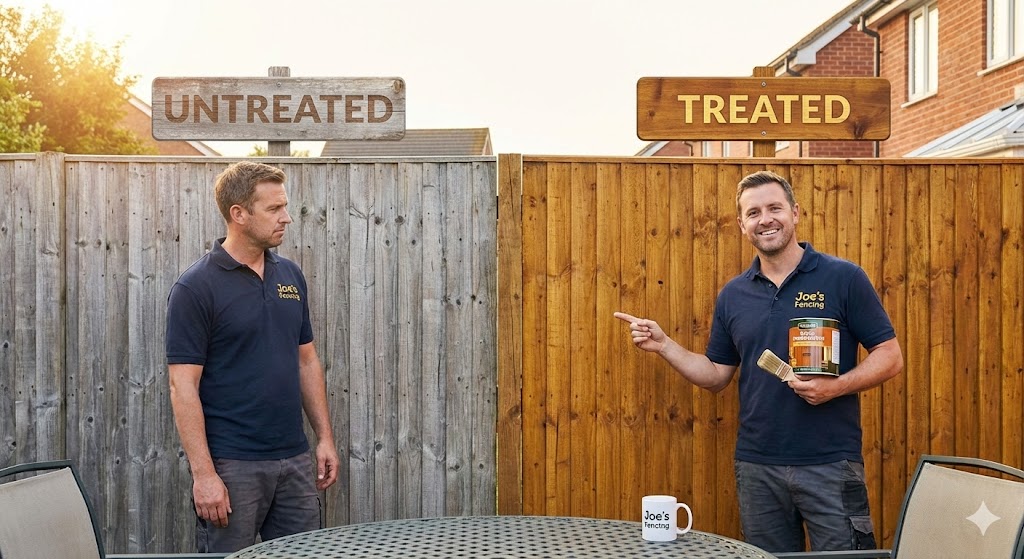 Applying UV protection oil to restore the colour of a wooden fence.