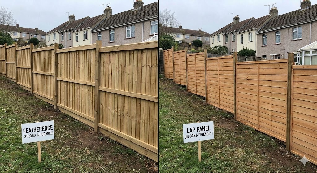 Comparison of vertical featheredge boards versus horizontal waney lap fence panels showing structural differences.