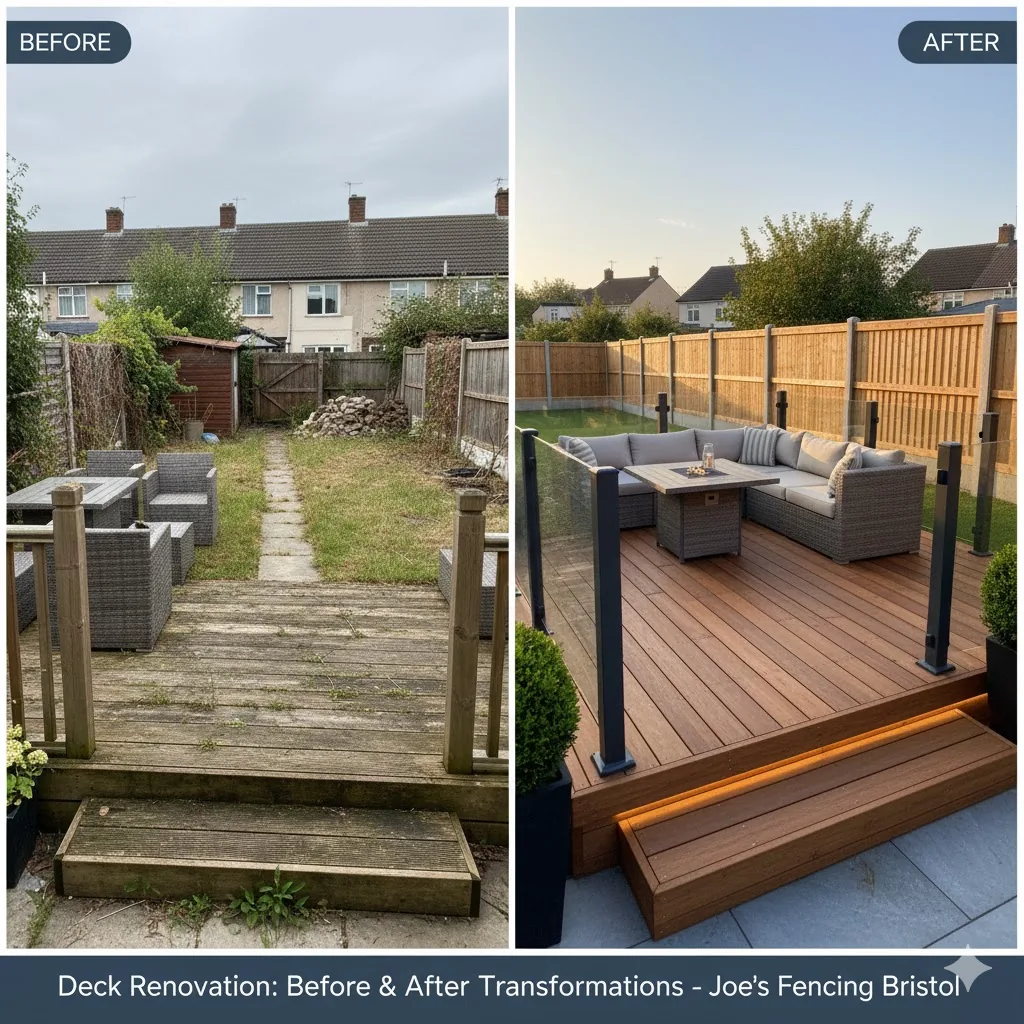 * Before and after comparison of a timber deck renovation in Bristol