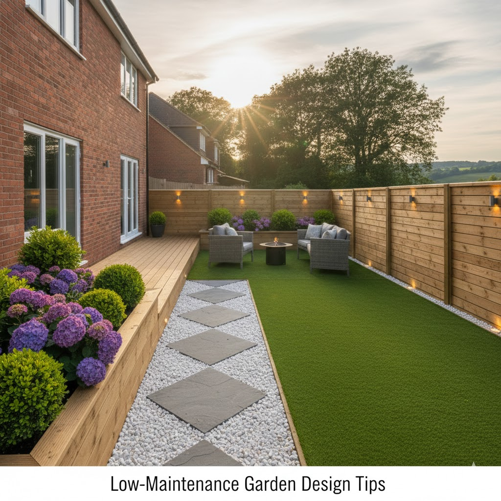 * Low maintenance garden design with composite decking and gravel beds