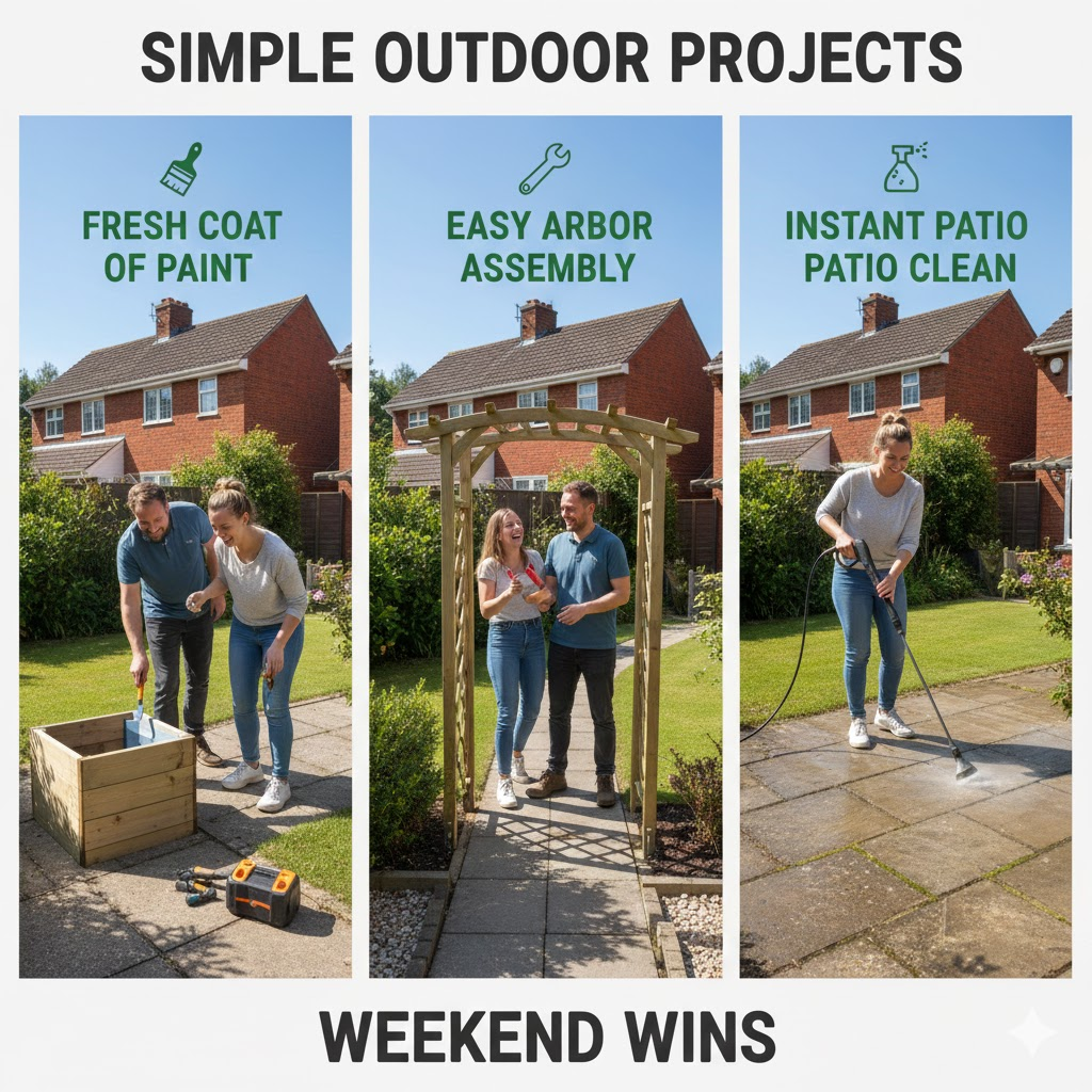 * Before and after of a garden bin store project hiding wheelie bins