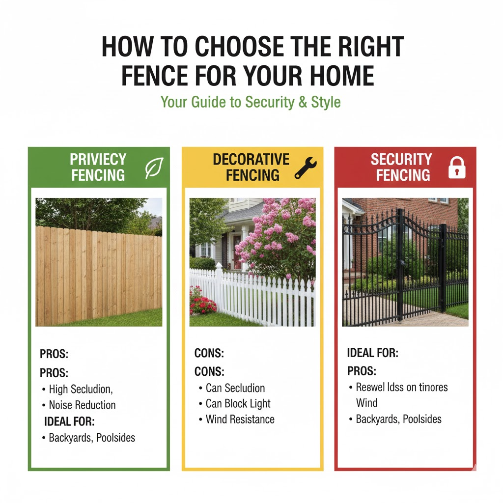 * Comparison of different garden fence styles: Feather edge, slatted, and picket