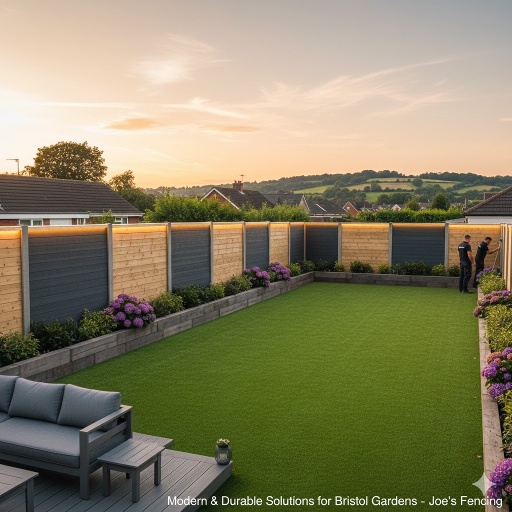 [Modern horizontal timber panel fencing with concrete posts in Bristol]