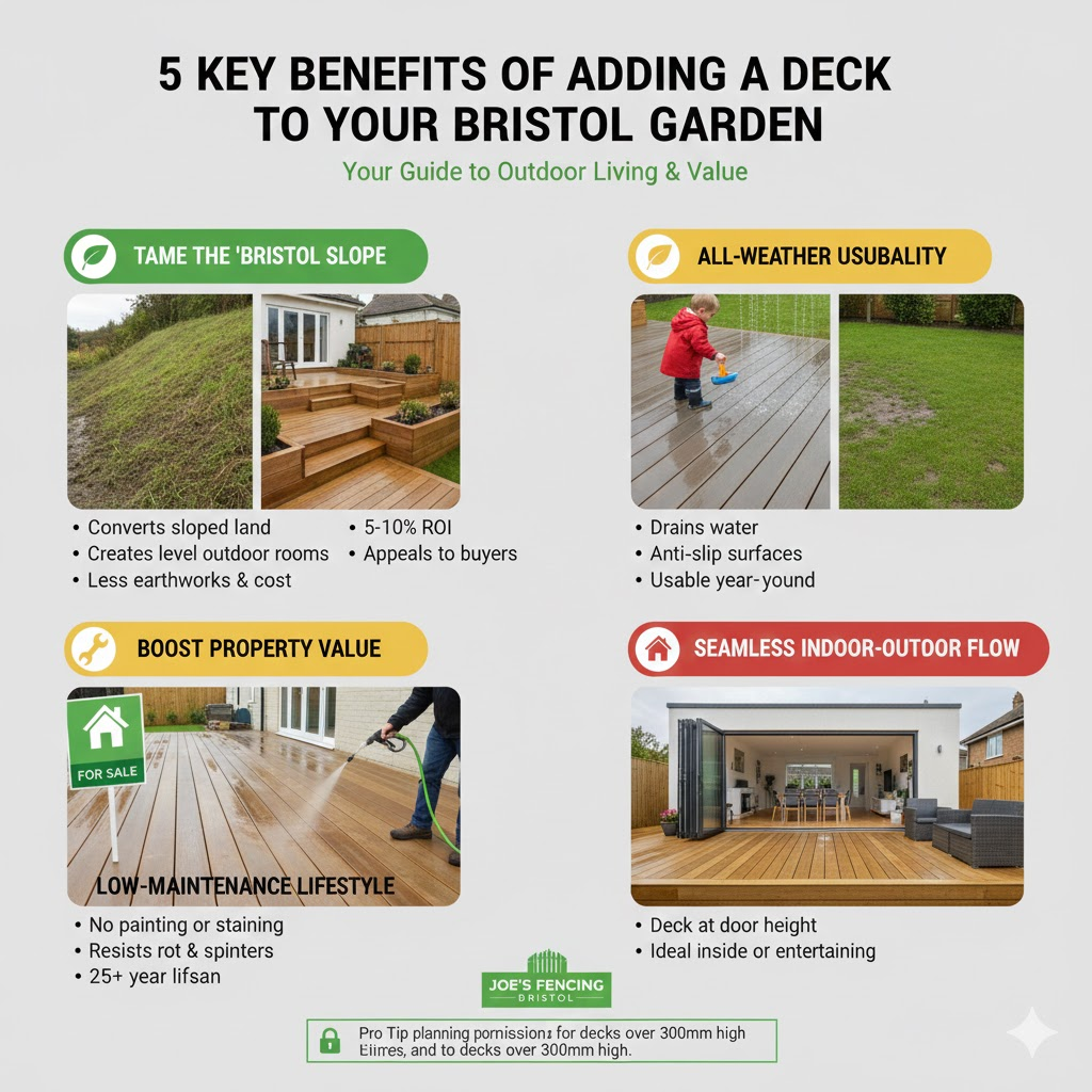 [Family dining on a new garden deck in Bristol]