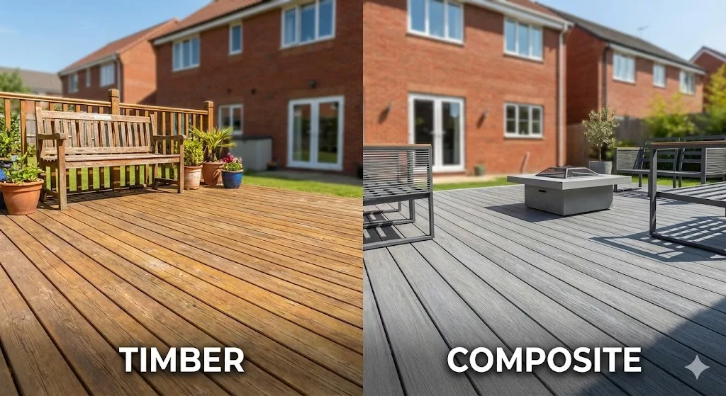 [Comparison of timber softwood decking vs grey composite decking boards]