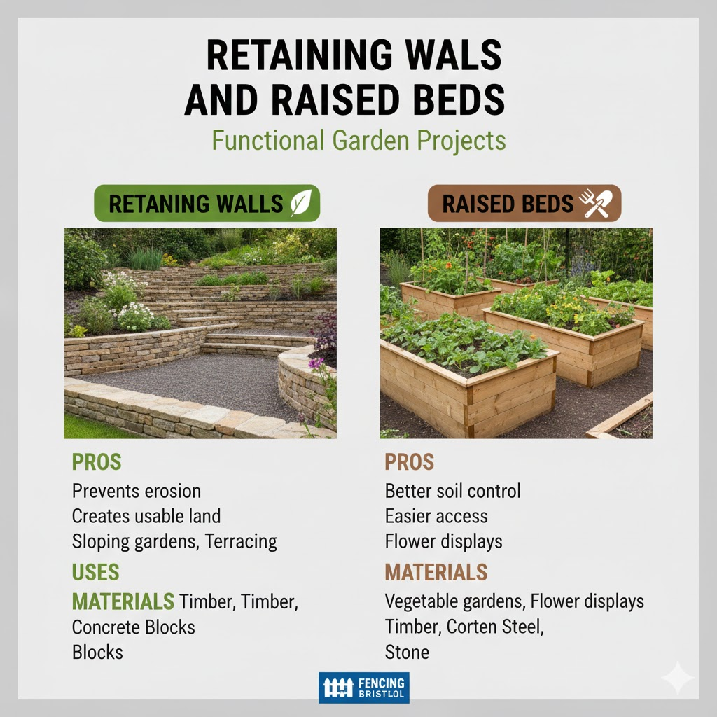 * Oak sleeper retaining walls and raised beds in a sloping Bristol garden