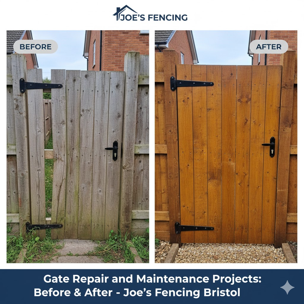 Before and after comparison of a timber gate repair in Bristol