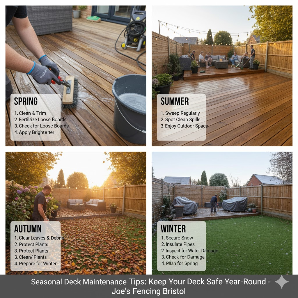 * Seasonal deck maintenance guide showing cleaning, oiling, and leaf clearing