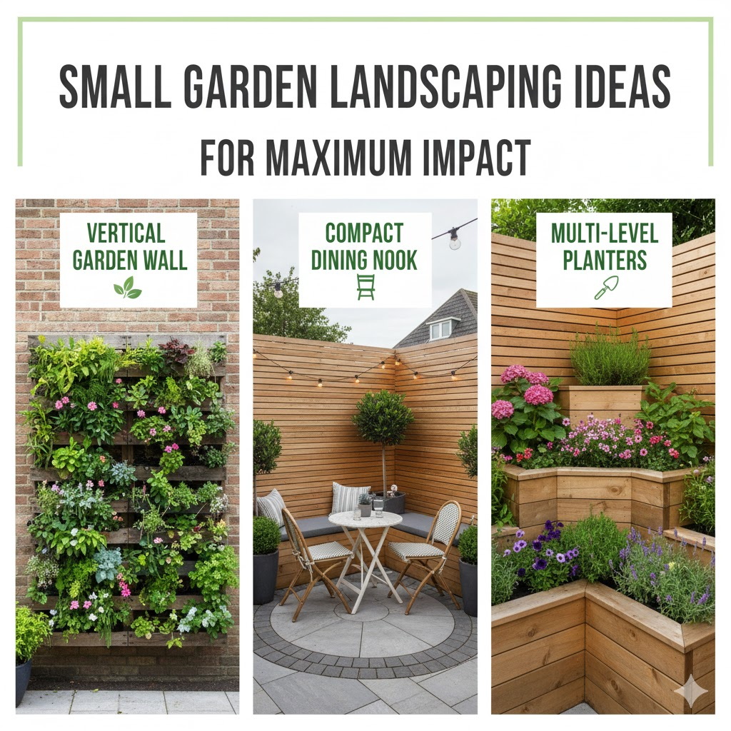 * Small garden landscaping ideas showing built-in seating and diagonal decking