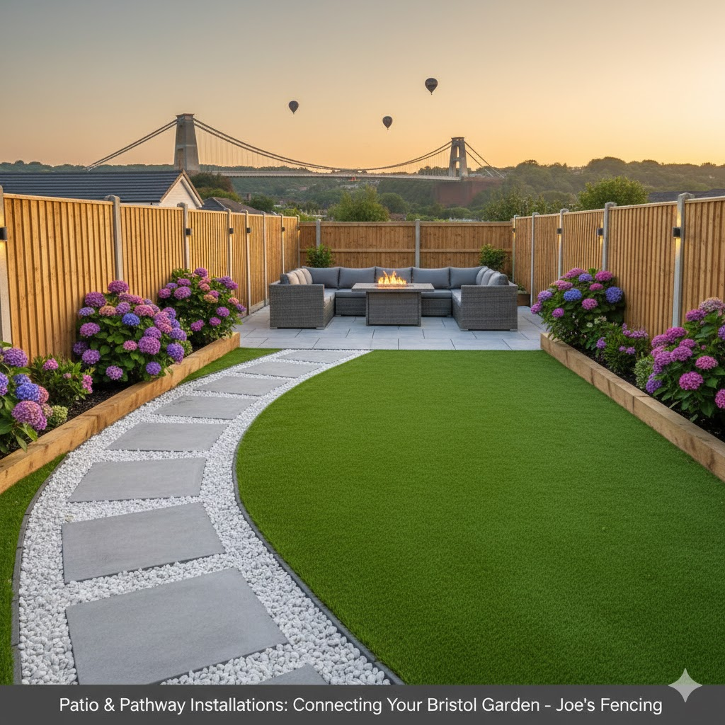* Indian Sandstone patio and pathway installation in a Bristol garden