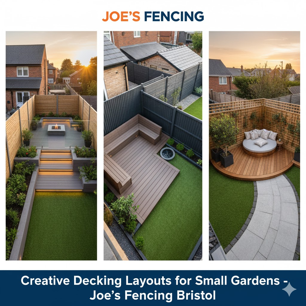 * Small courtyard garden design with diagonal decking and built-in seating