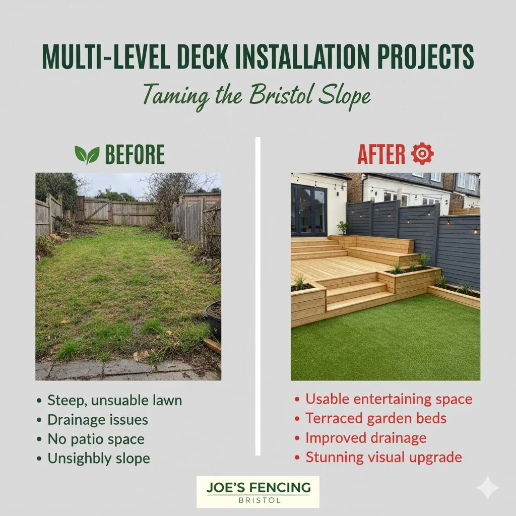 * Multi-level terraced decking installation on a sloping garden in Bristol