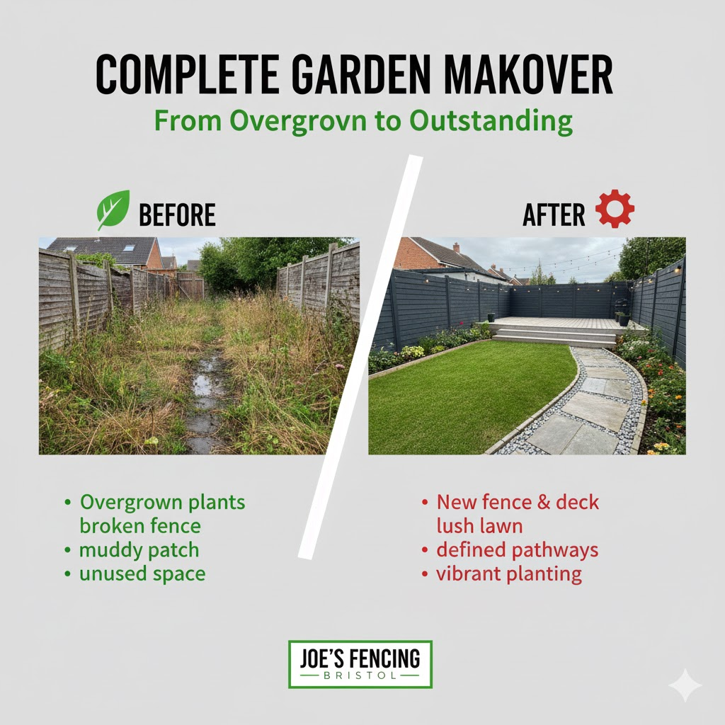 * Before and after of a complete garden landscaping makeover in Bristol