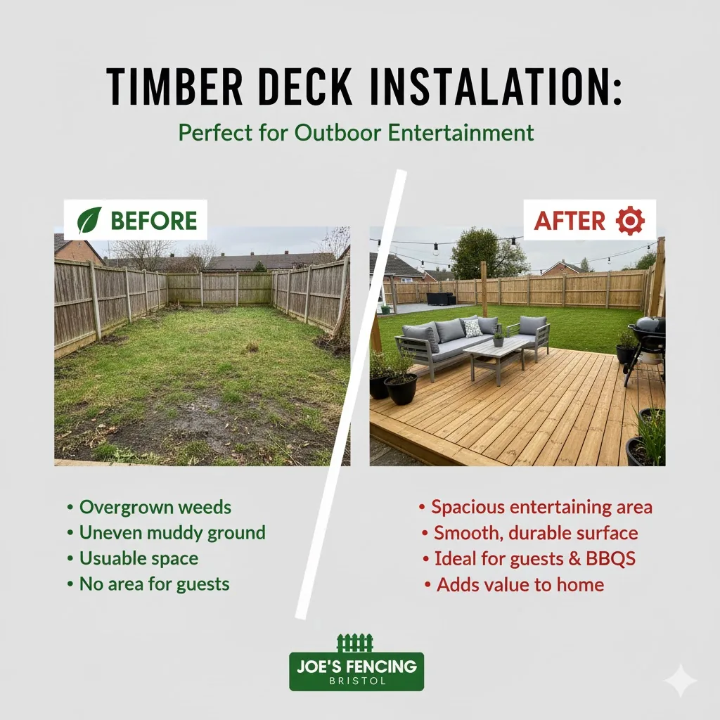 * Hardwood garden decking installation with built-in seating in Bristol