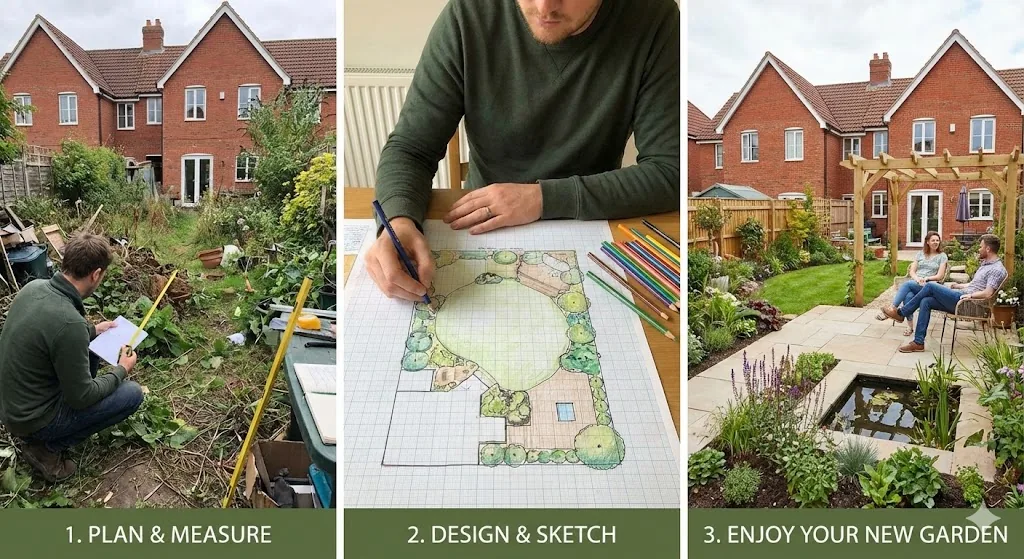 [Garden design plan and material samples for landscaping project]
