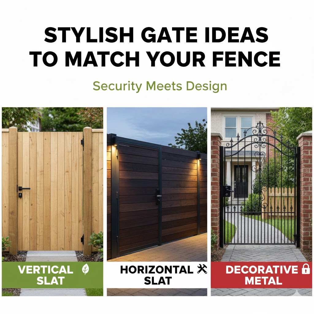 * Examples of matching gate and fence designs: Seamless cedar slats vs black metal contrast