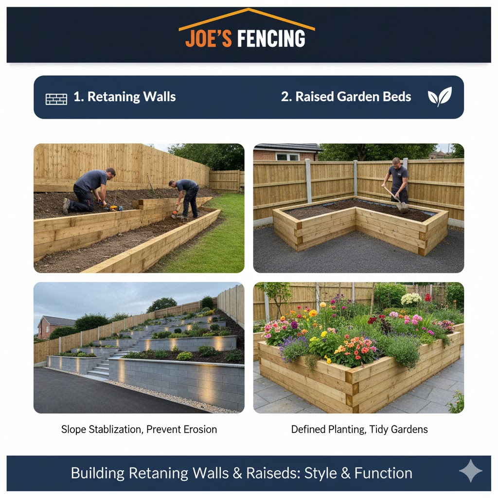 [Timber sleeper retaining walls in a tiered Bristol garden]