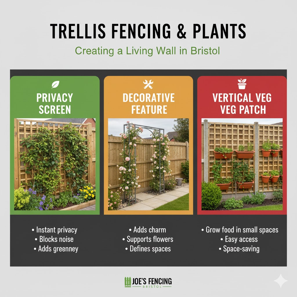 [Trellis fencing with climbing plants and jasmine in a Bristol garden]