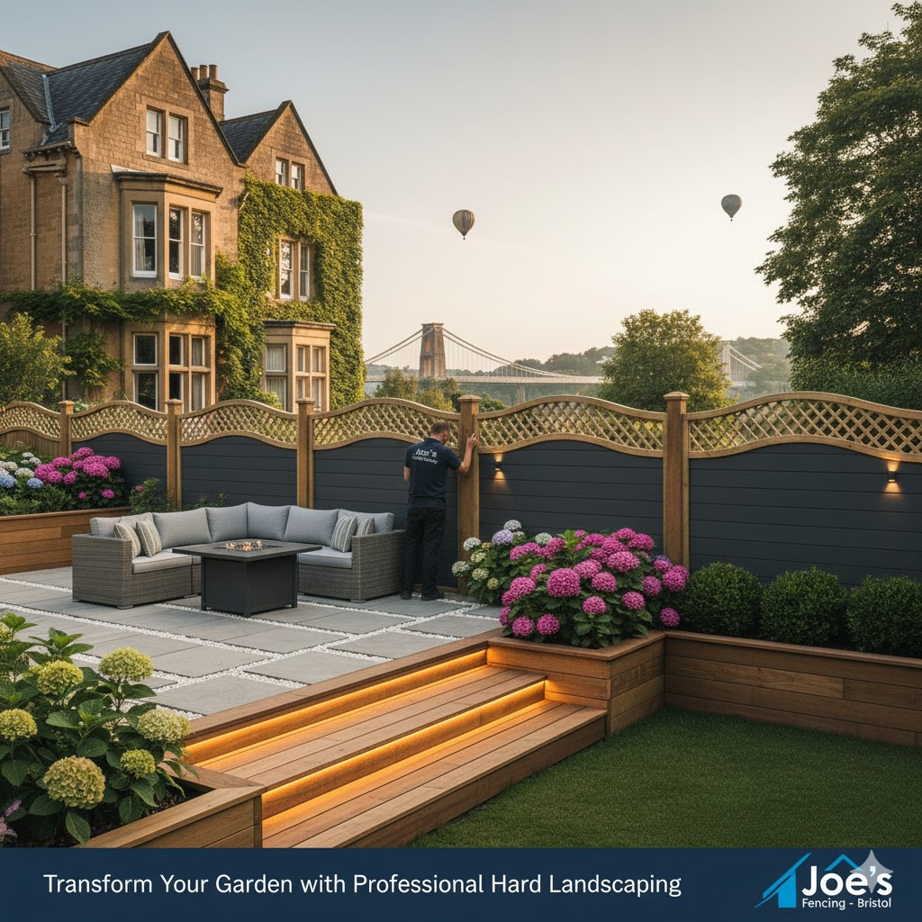 [Hard landscaping with sleepers and pergola in a Bristol garden]