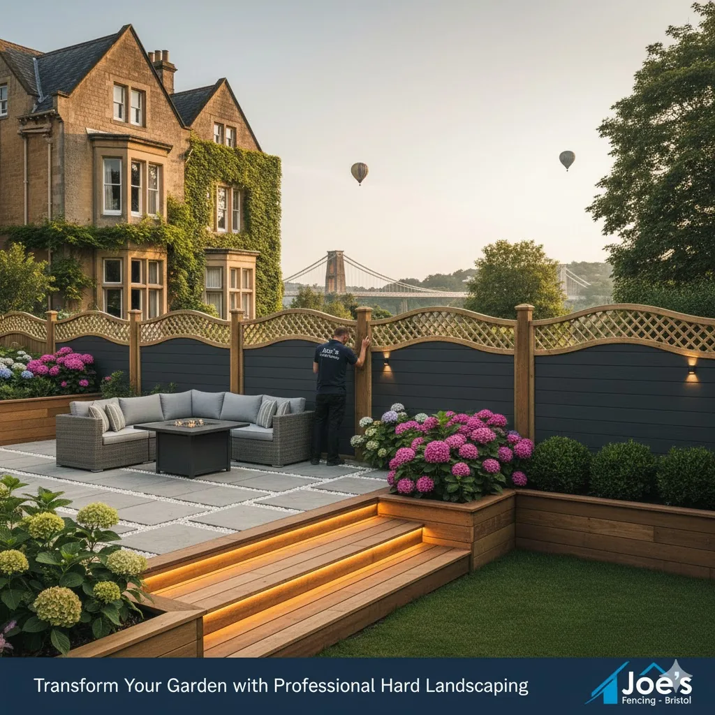 [Hard landscaping with sleepers and pergola in a Bristol garden]