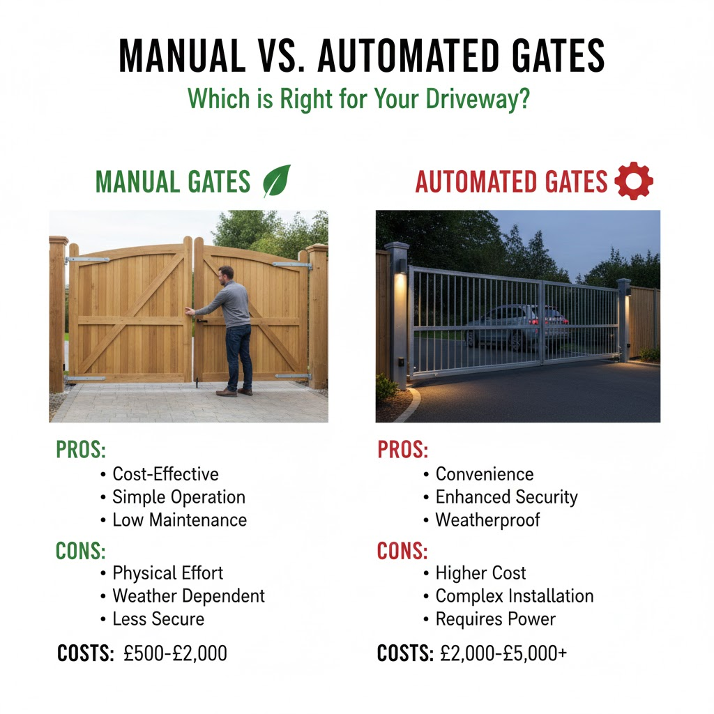 * Comparison of manual vs electric driveway gates