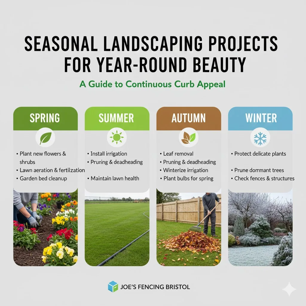 * Seasonal landscaping guide showing a Bristol garden in Spring, Summer, Autumn, and Winter