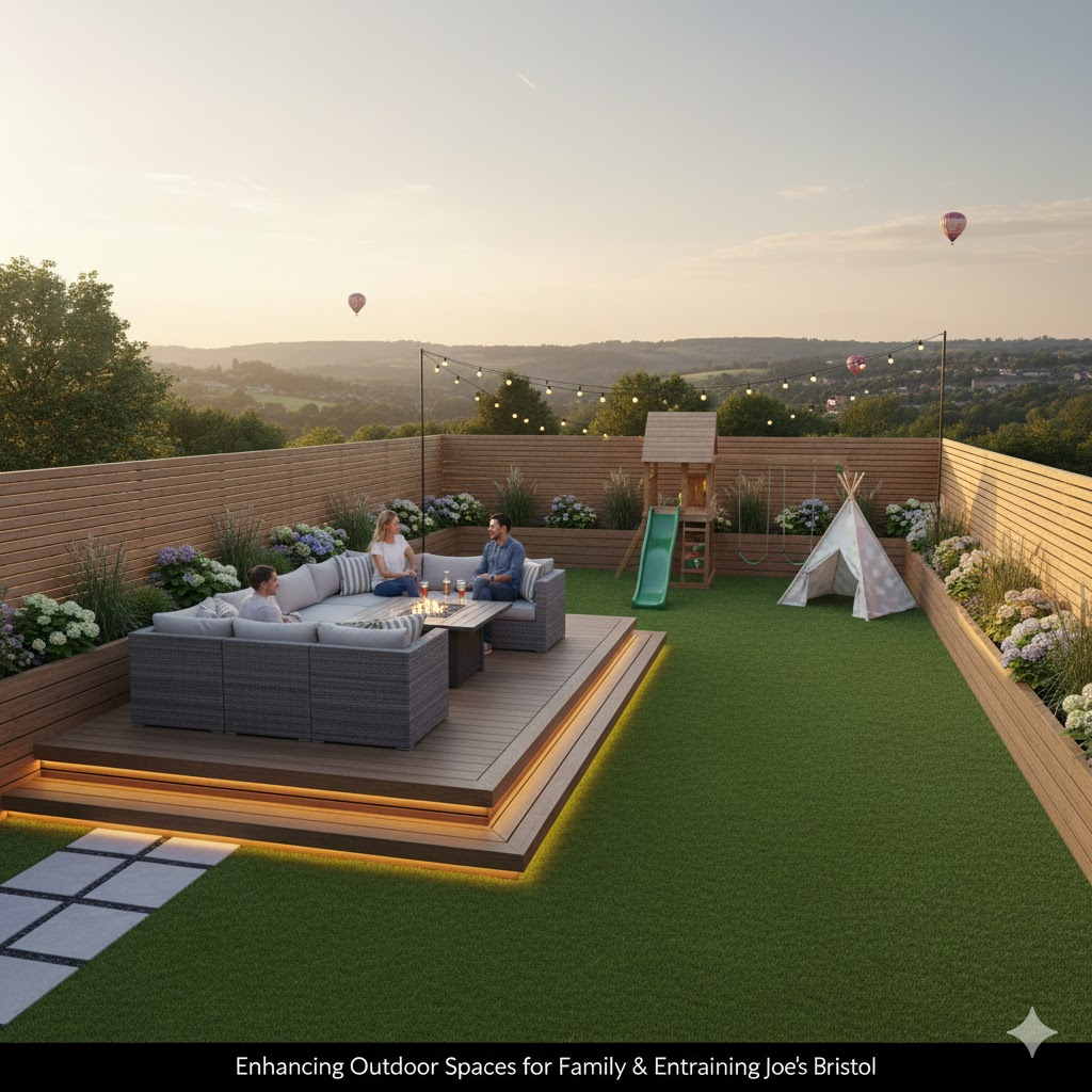 * Family garden design with separate zoning for entertaining and play areas