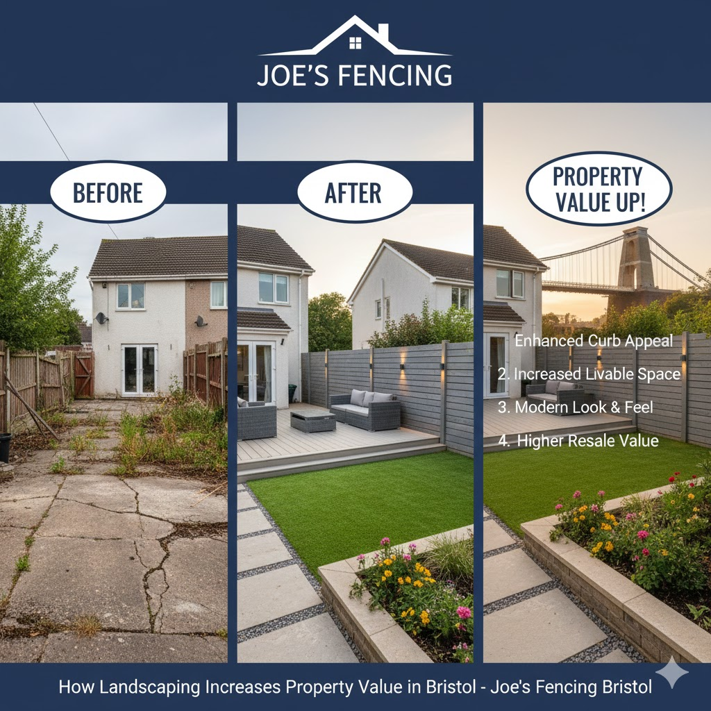 [Landscaped garden with decking and fencing adding value to a Bristol home]