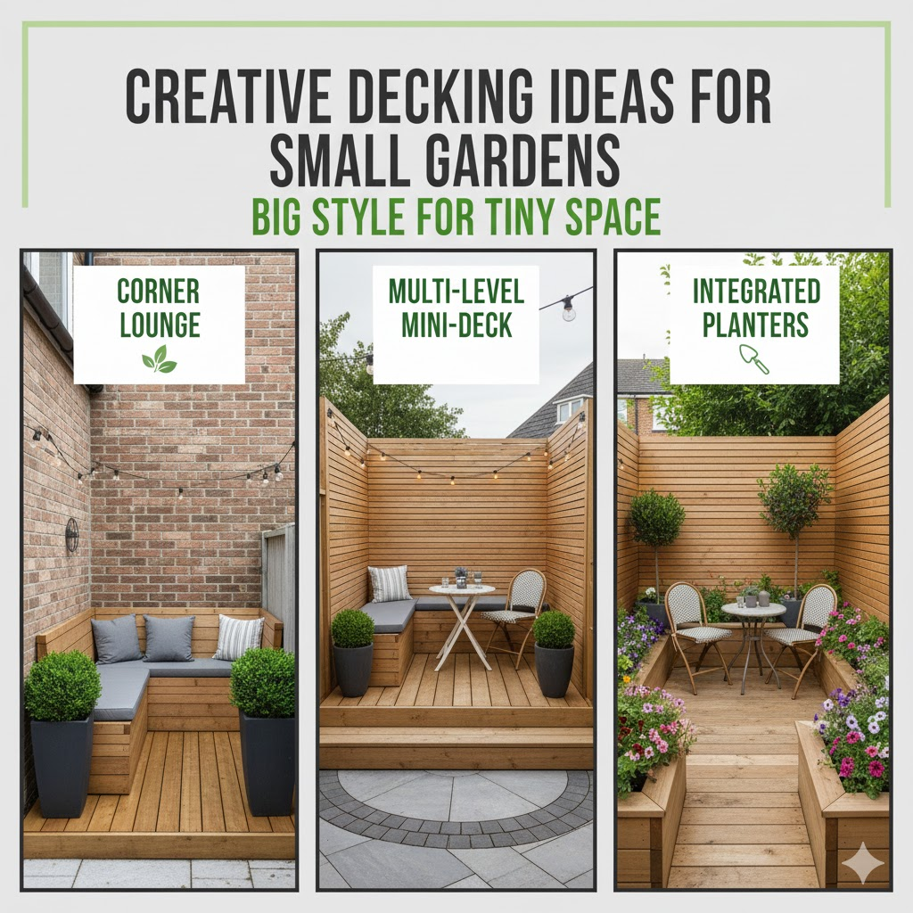 * Small garden decking ideas featuring curved edges and timber wall cladding