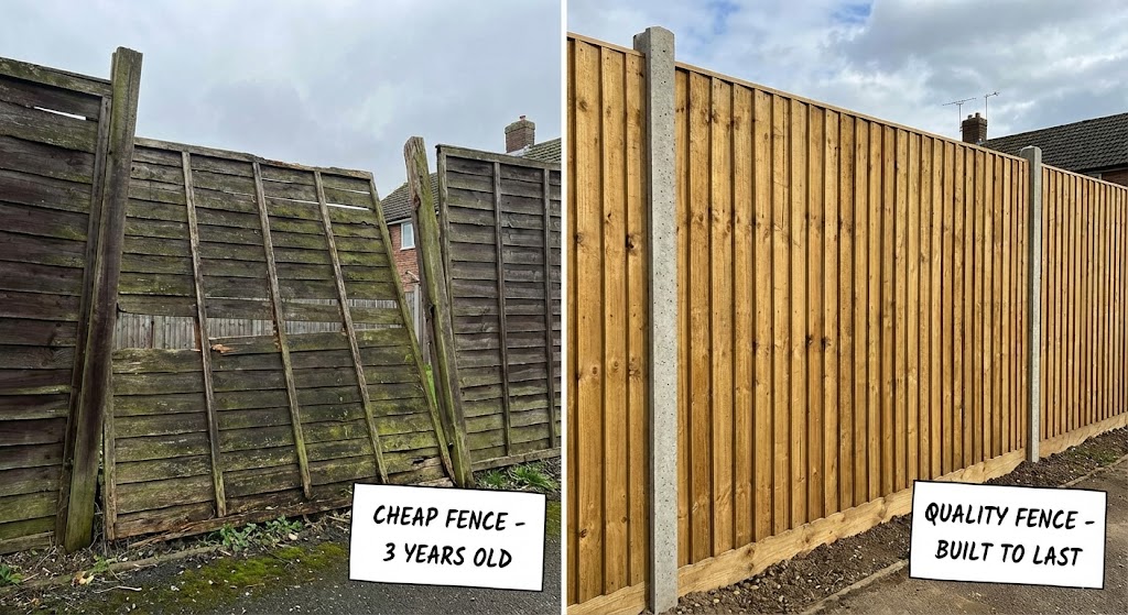 Diagram comparing 3mm waney lap slats vs 13mm featheredge boards, showing thickness difference.