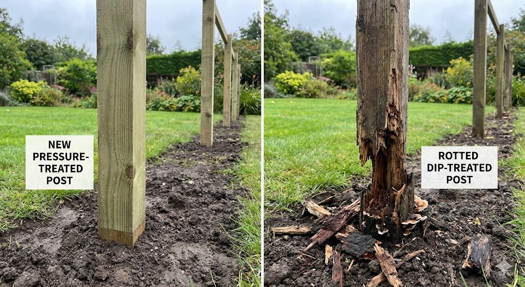Comparison of a rotted wooden fence post base versus a healthy pressure-treated post in soil.