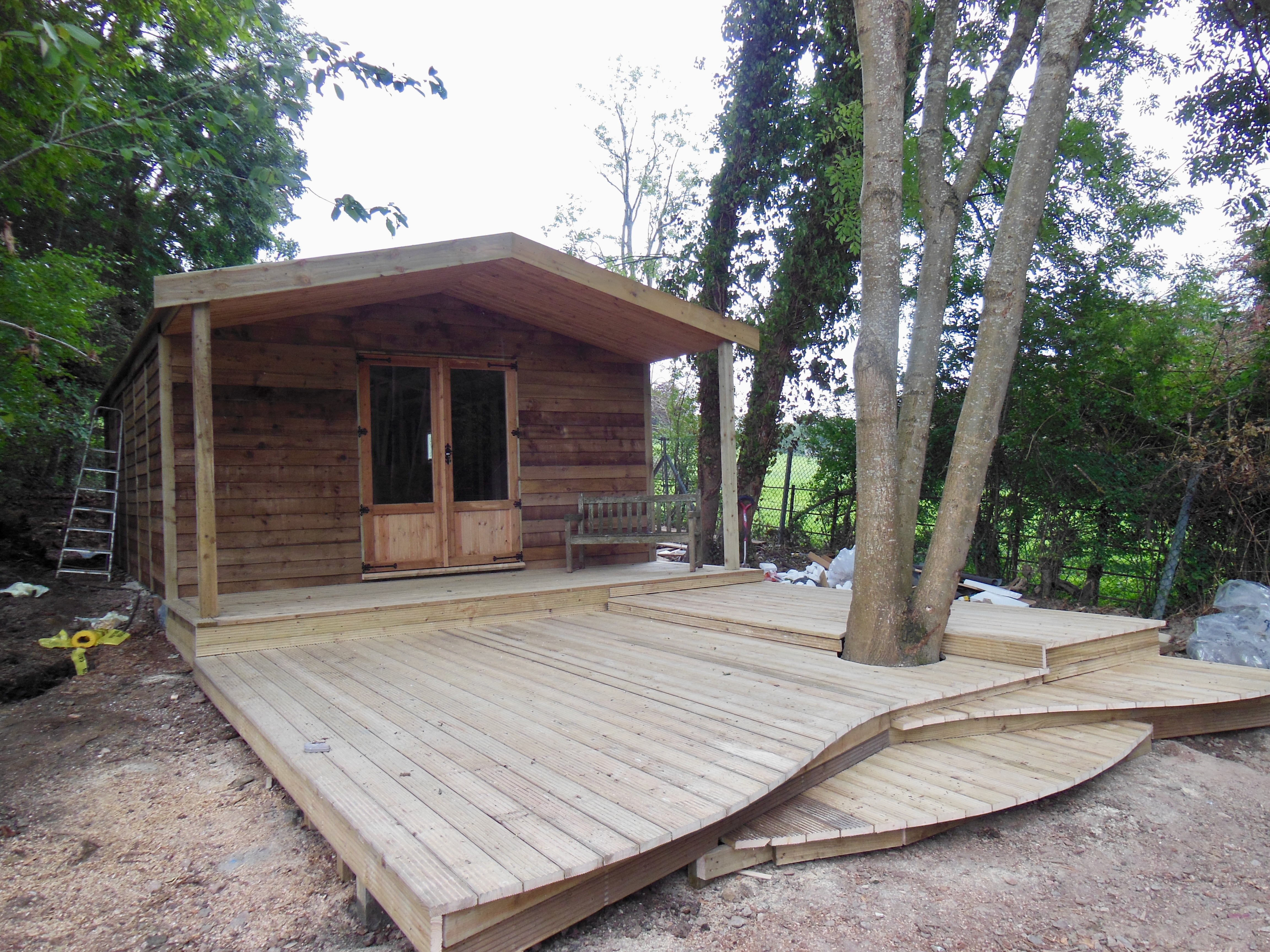 Decking outside of a wooden cabin